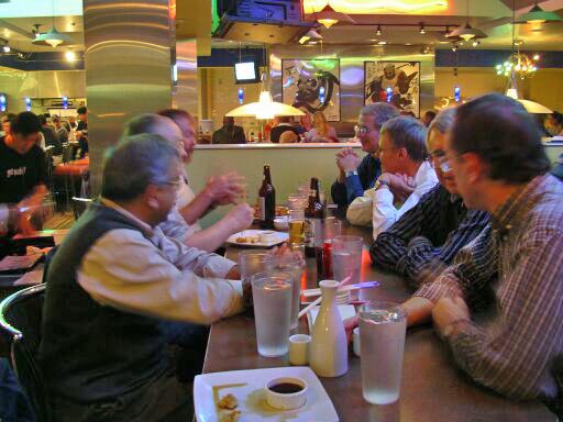 Saturday night at Ru San's Restaurant<br>Alok, Currie, Hal &mdash; Ben, John, Clyde, Dirk