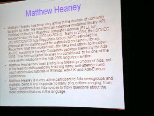 Outstanding Ada Community Contributions Award for Matthew Heaney (absent)
